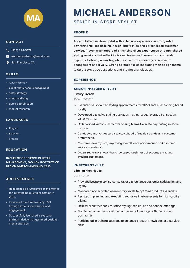 In-Store Stylist resume template — Classic Clean