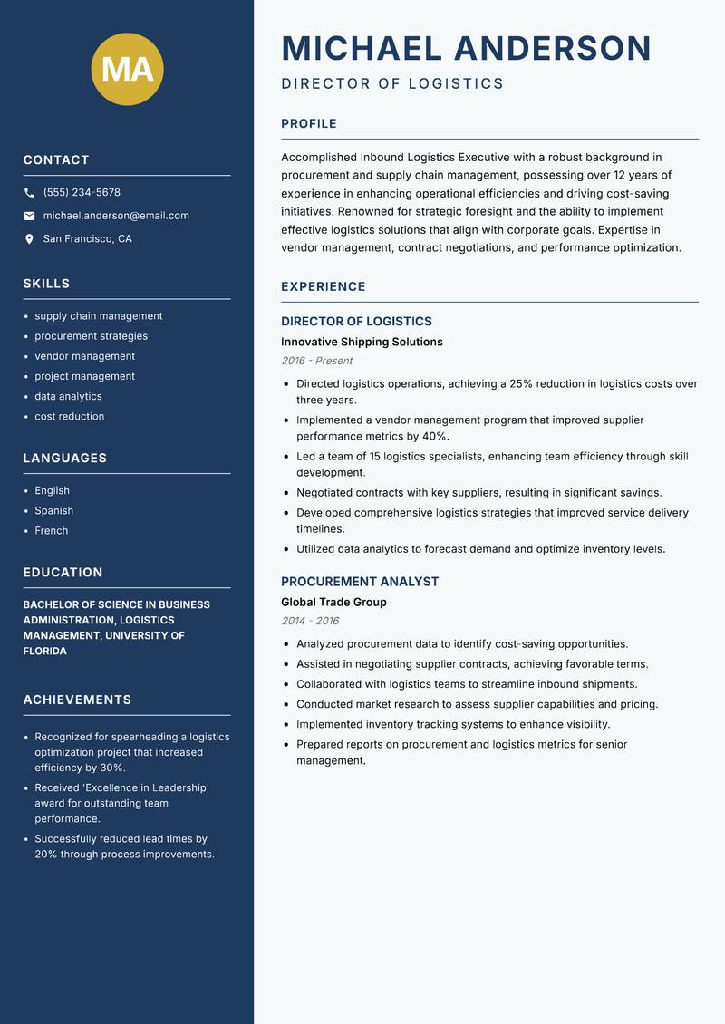 Inbound Logistics Executive resume template — Classic Clean
