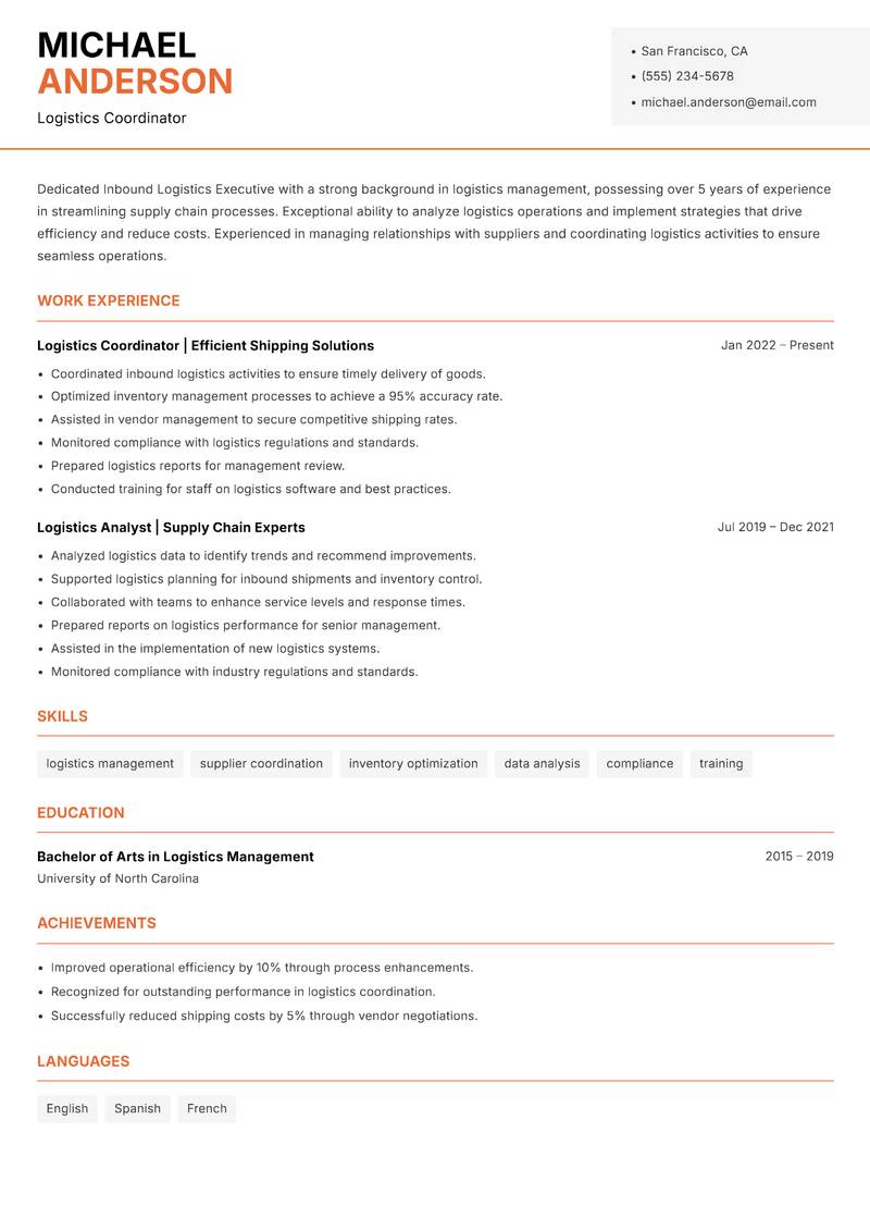 Inbound Logistics Executive resume template — Modern Professional
