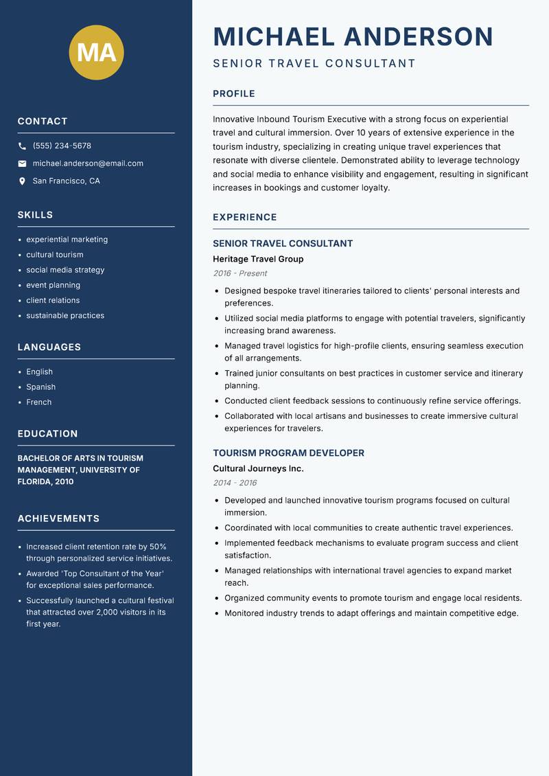Inbound Tourism Executive resume template — Classic Clean