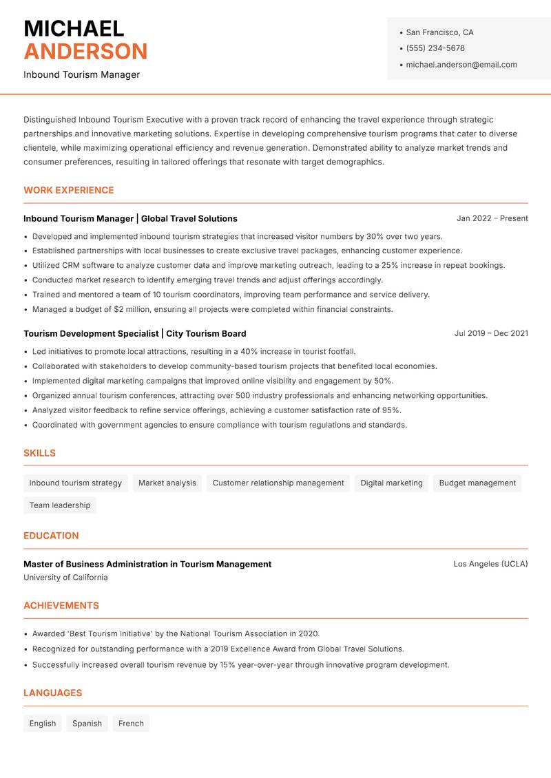 Inbound Tourism Executive resume template — Modern Professional