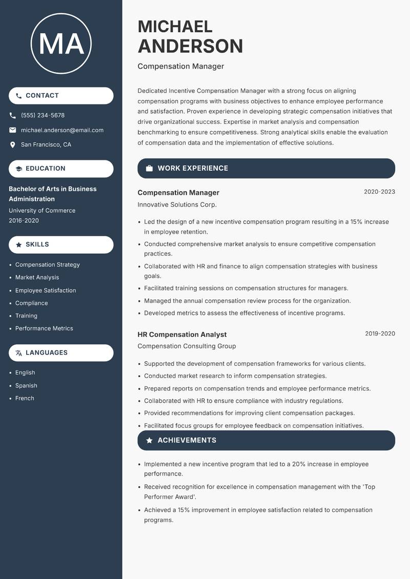 Incentive Compensation Manager resume template — Compact