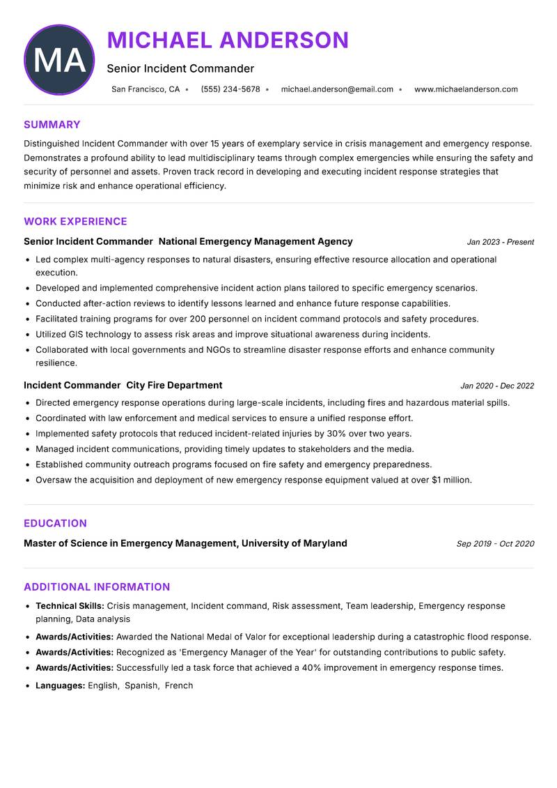Incident Commander resume example — ATS-friendly template