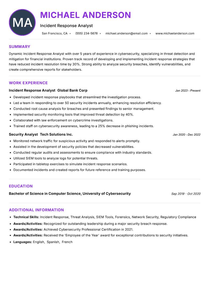 Incident Response Analyst resume example — ATS-friendly template