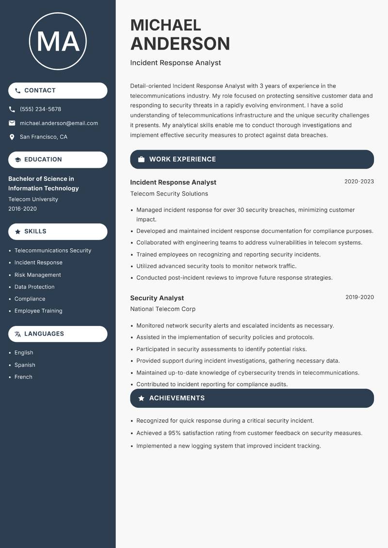 Incident Response Analyst resume template — Compact