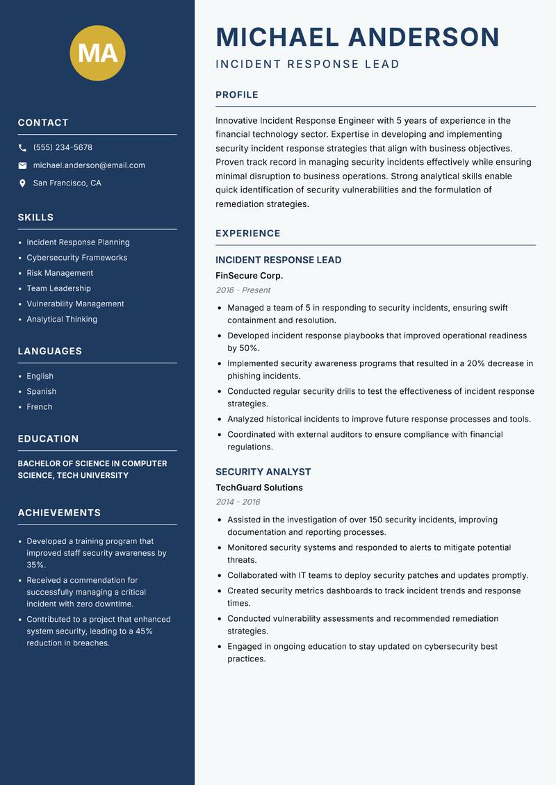 Incident Response Engineer resume template — Classic Clean