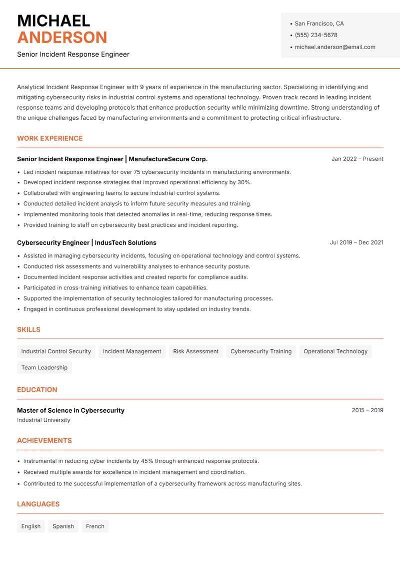 Incident Response Engineer resume template — Modern Professional
