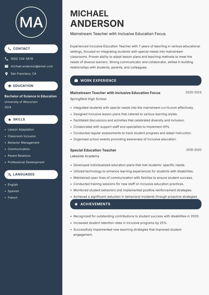 Inclusive Education Teacher resume template — Compact
