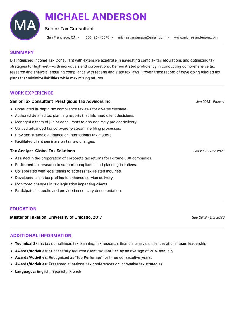 Income Tax Consultant resume example — ATS-friendly template