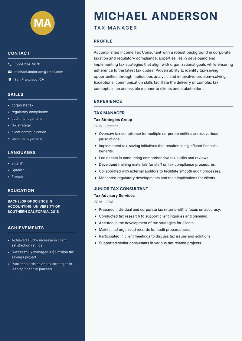 Income Tax Consultant resume template — Classic Clean