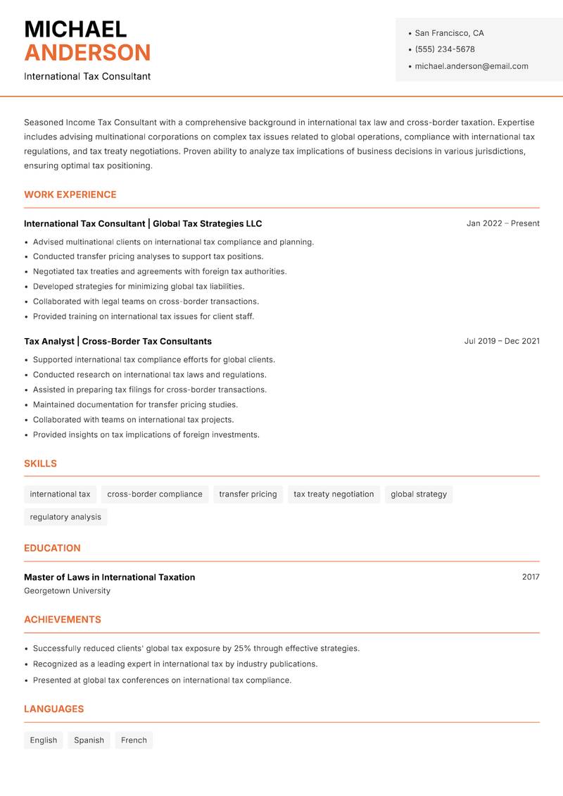 Income Tax Consultant resume template — Modern Professional