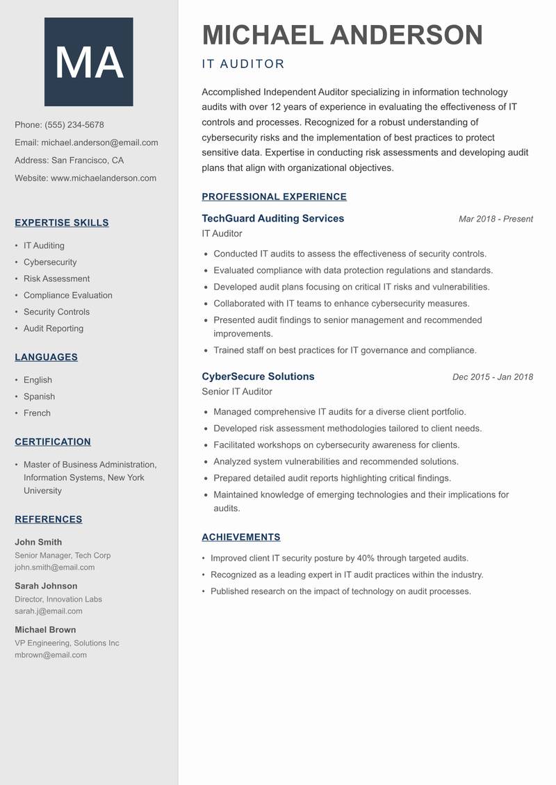 Independent Auditor resume template — Creative Minimal