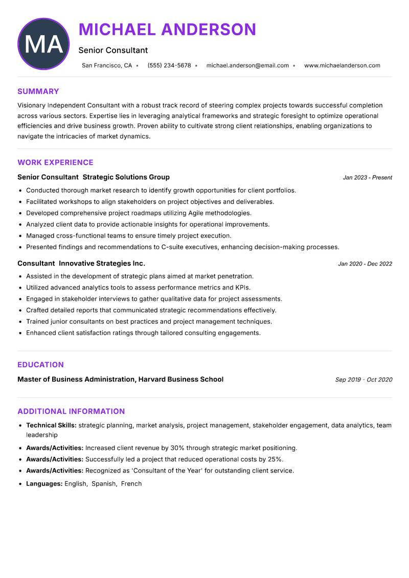 Independent Consultant resume example — ATS-friendly template