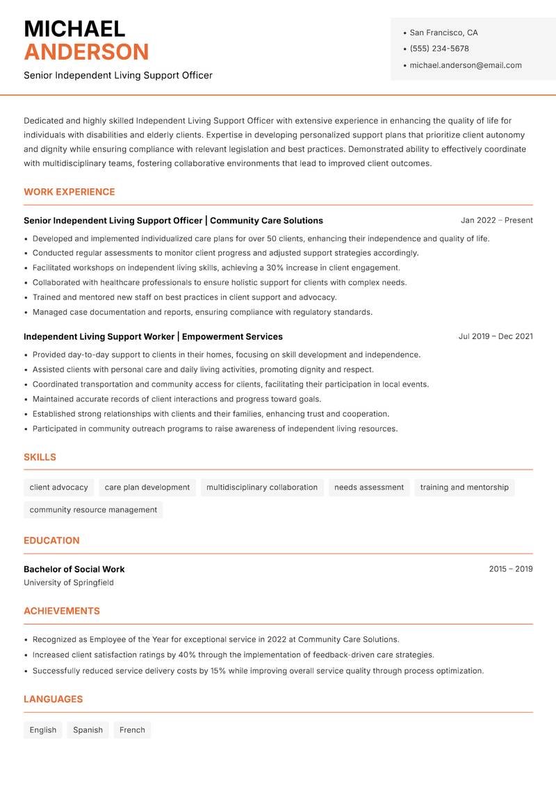 Independent Living Support Officer resume template — Modern Professional