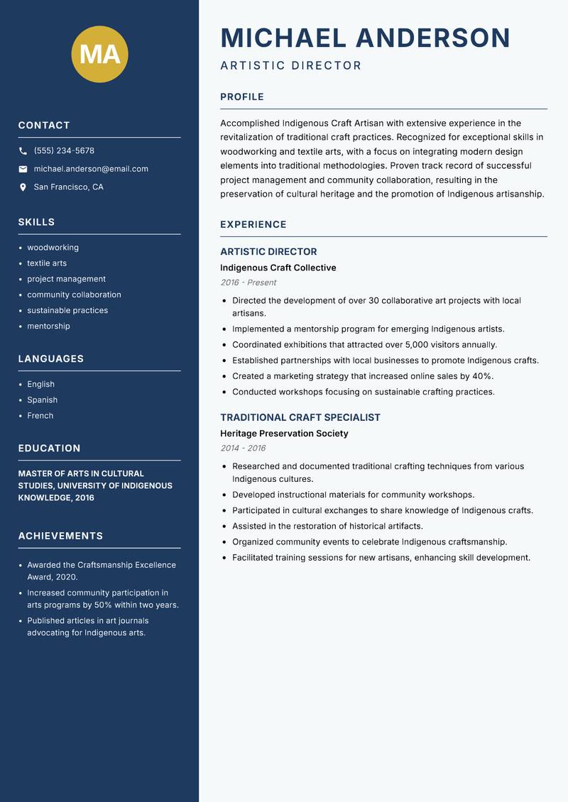 Indigenous Craft Artisan resume template — Classic Clean