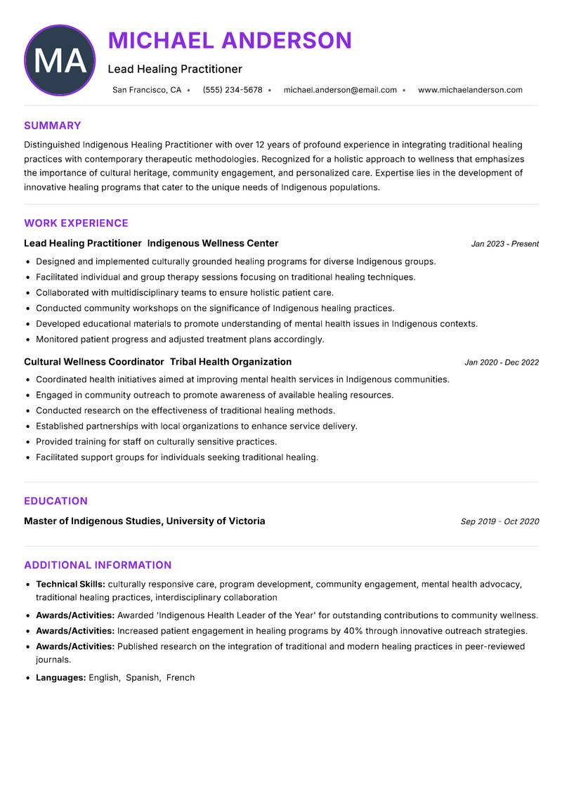 Indigenous Healing Practitioner resume example — ATS-friendly template