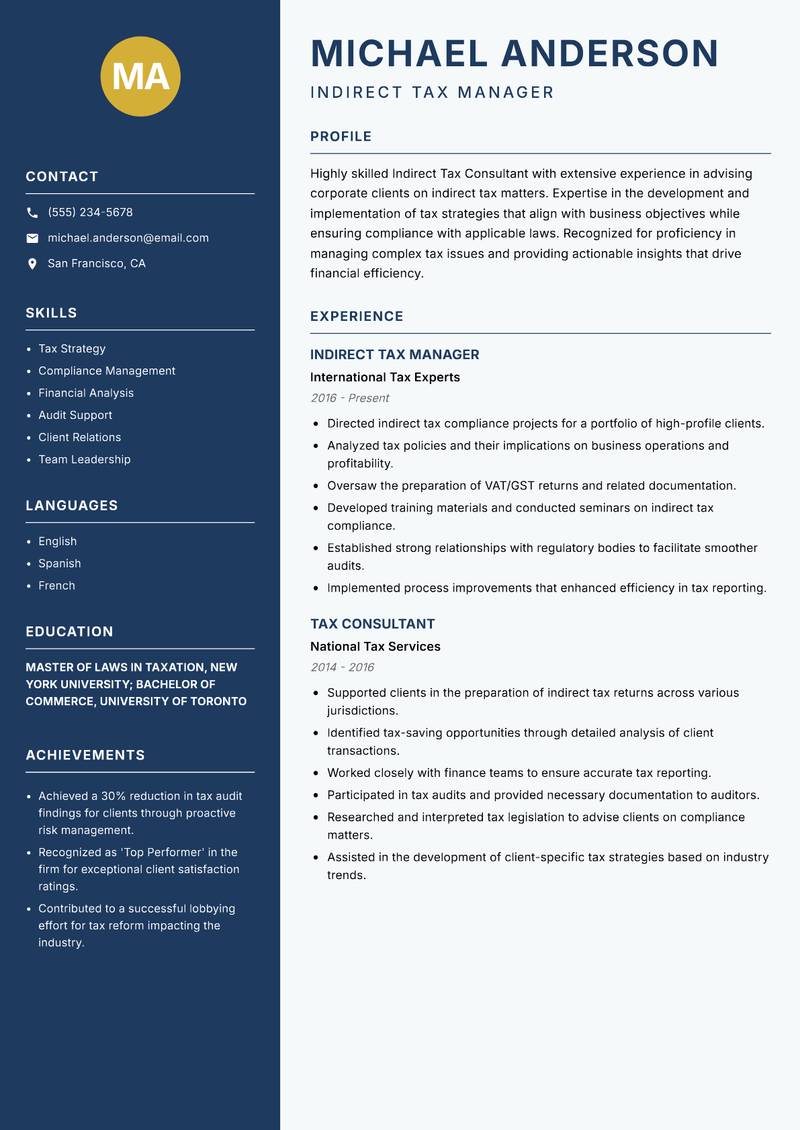 Indirect Tax Consultant resume template — Classic Clean