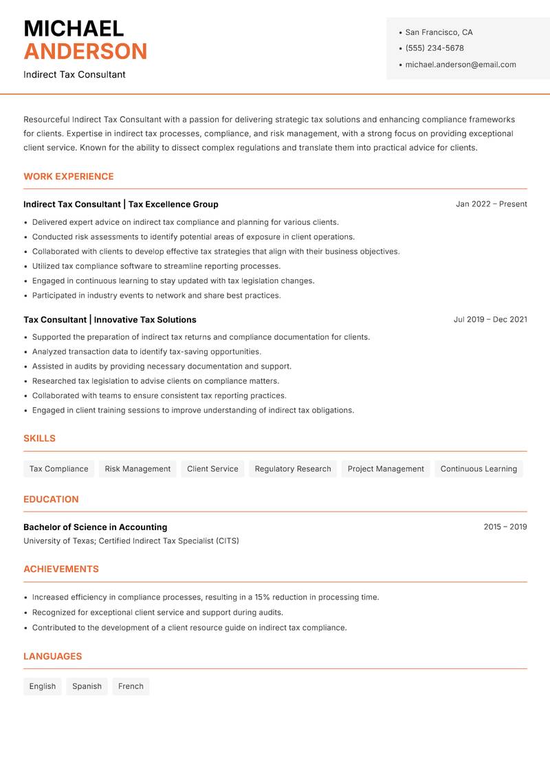 Indirect Tax Consultant resume template — Modern Professional