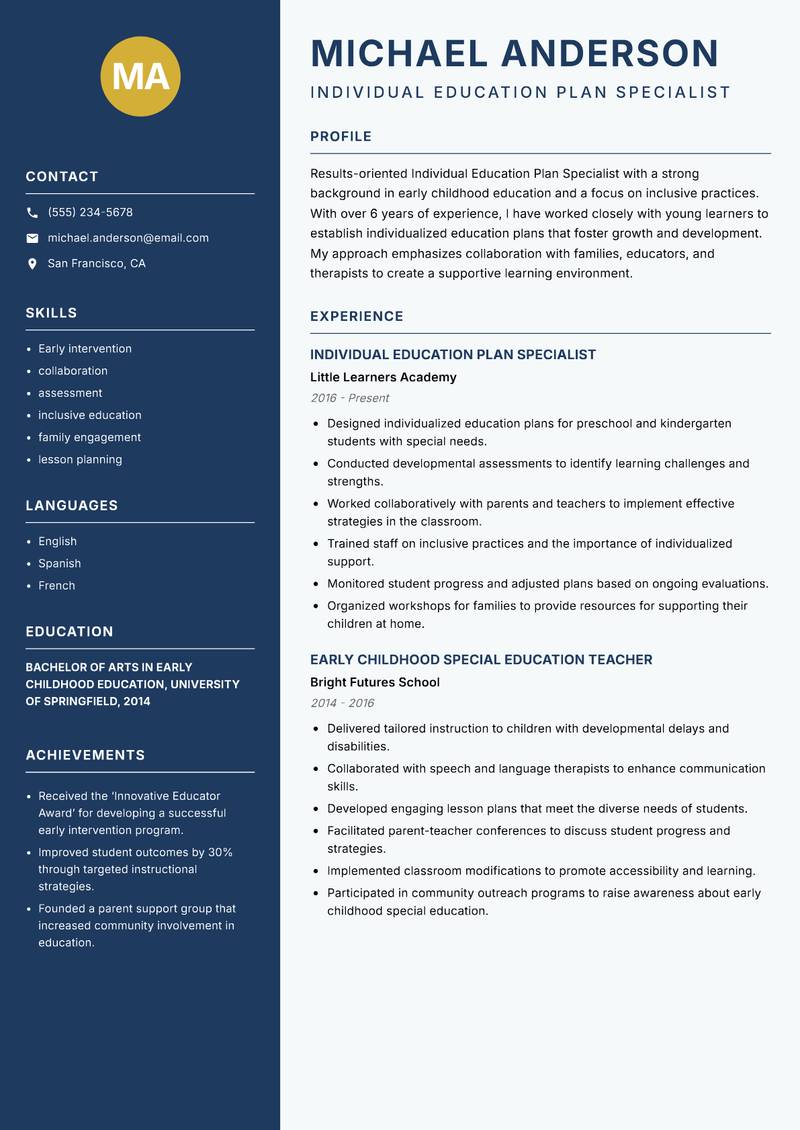 Individual Education Plan Specialist resume template — Classic Clean