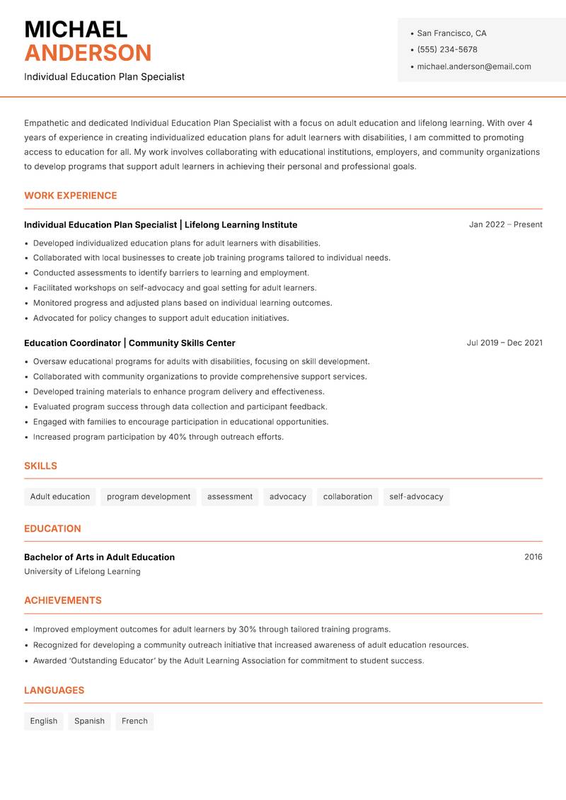 Individual Education Plan Specialist resume template — Modern Professional