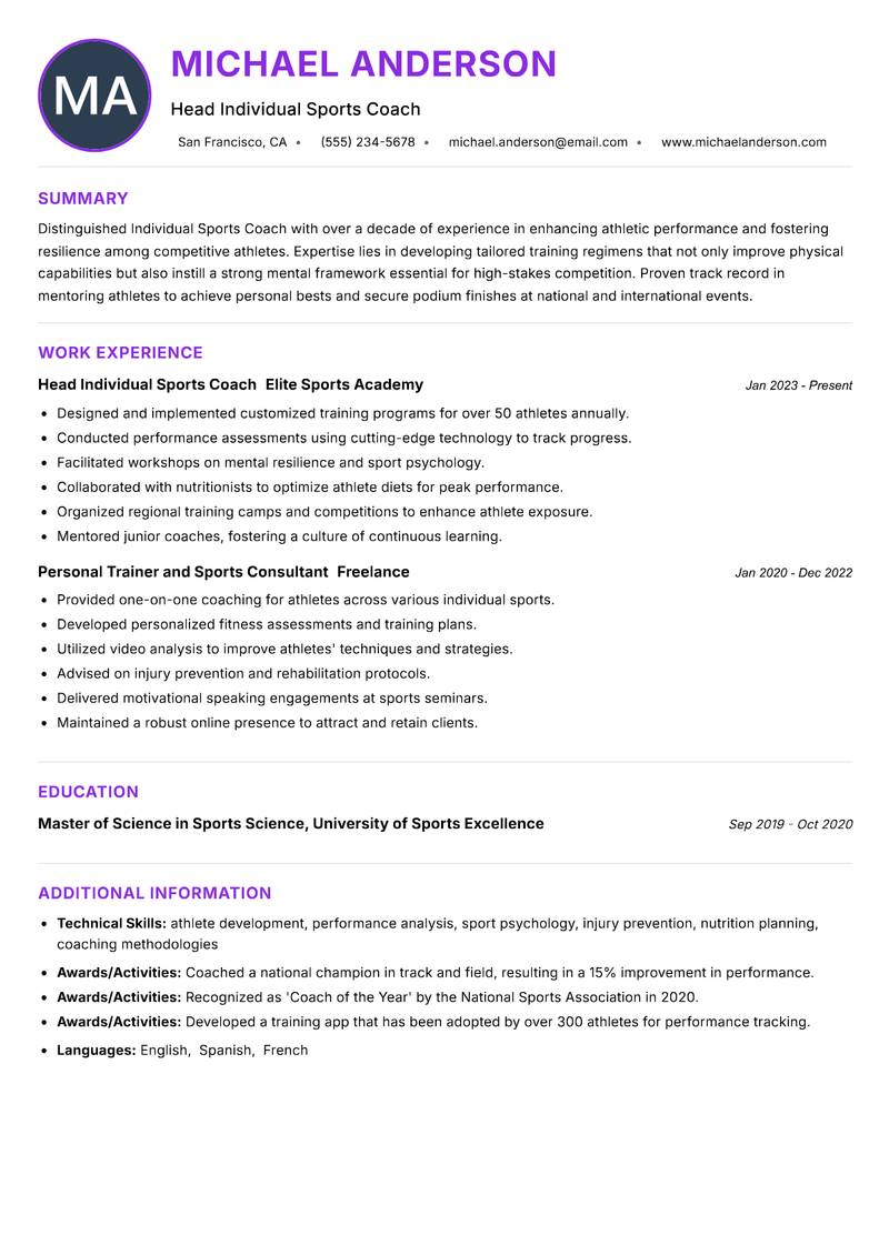 Individual Sports Coach resume example — ATS-friendly template