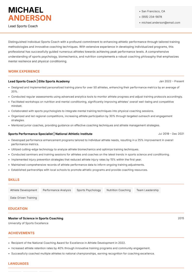 Individual Sports Coach resume template — Modern Professional