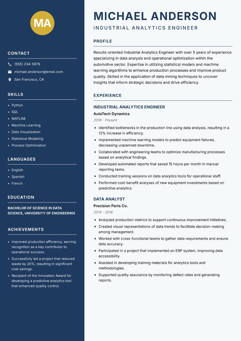 Industrial Analytics Engineer resume template — Classic Clean