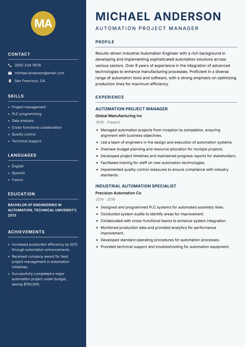 Industrial Automation Engineer resume template — Classic Clean