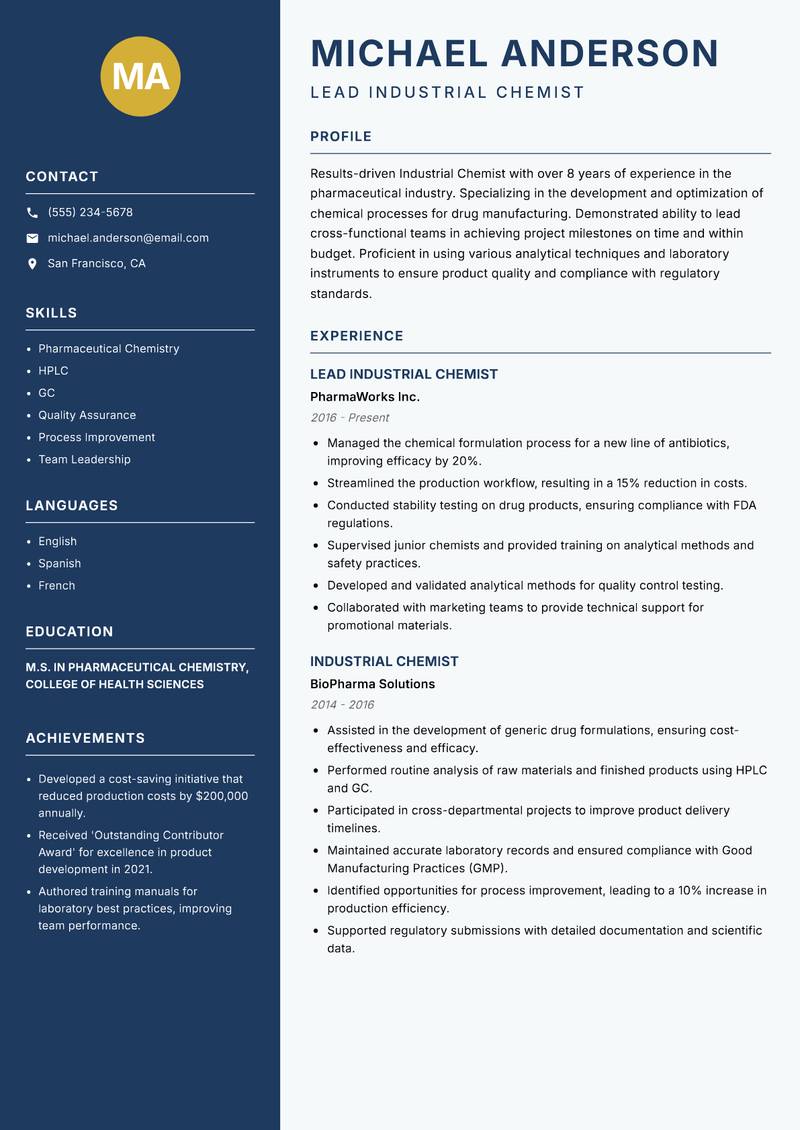 Industrial Chemist resume template — Classic Clean