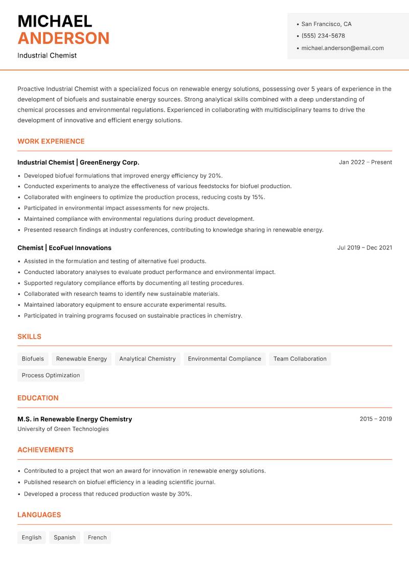 Industrial Chemist resume template — Modern Professional