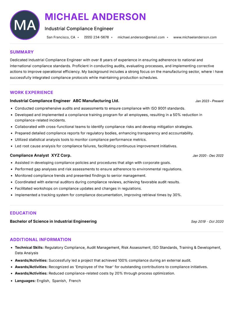 Industrial Compliance Engineer resume example — ATS-friendly template