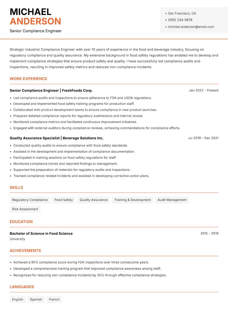 Industrial Compliance Engineer resume template — Modern Professional