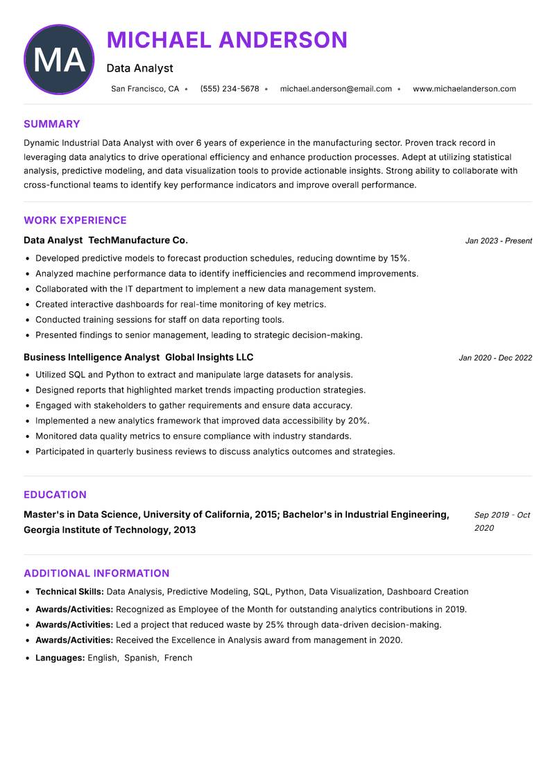 Industrial Data Analyst resume example — ATS-friendly template