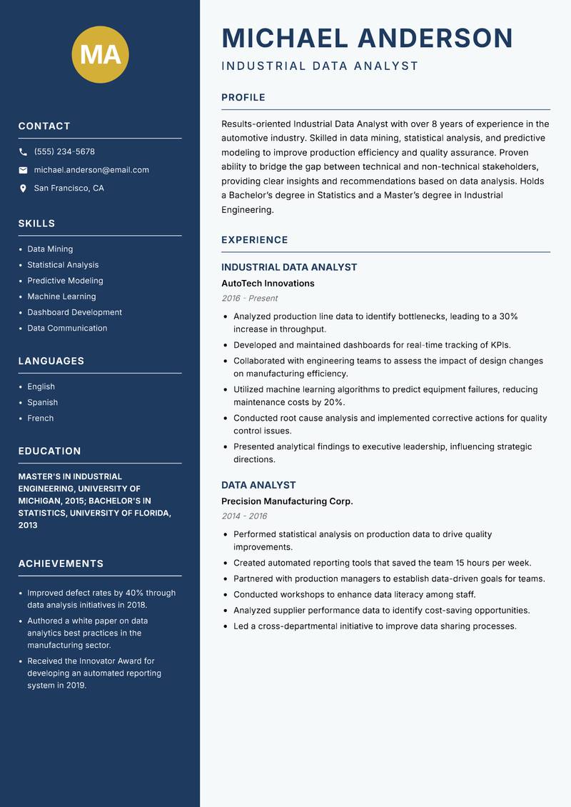 Industrial Data Analyst resume template — Classic Clean