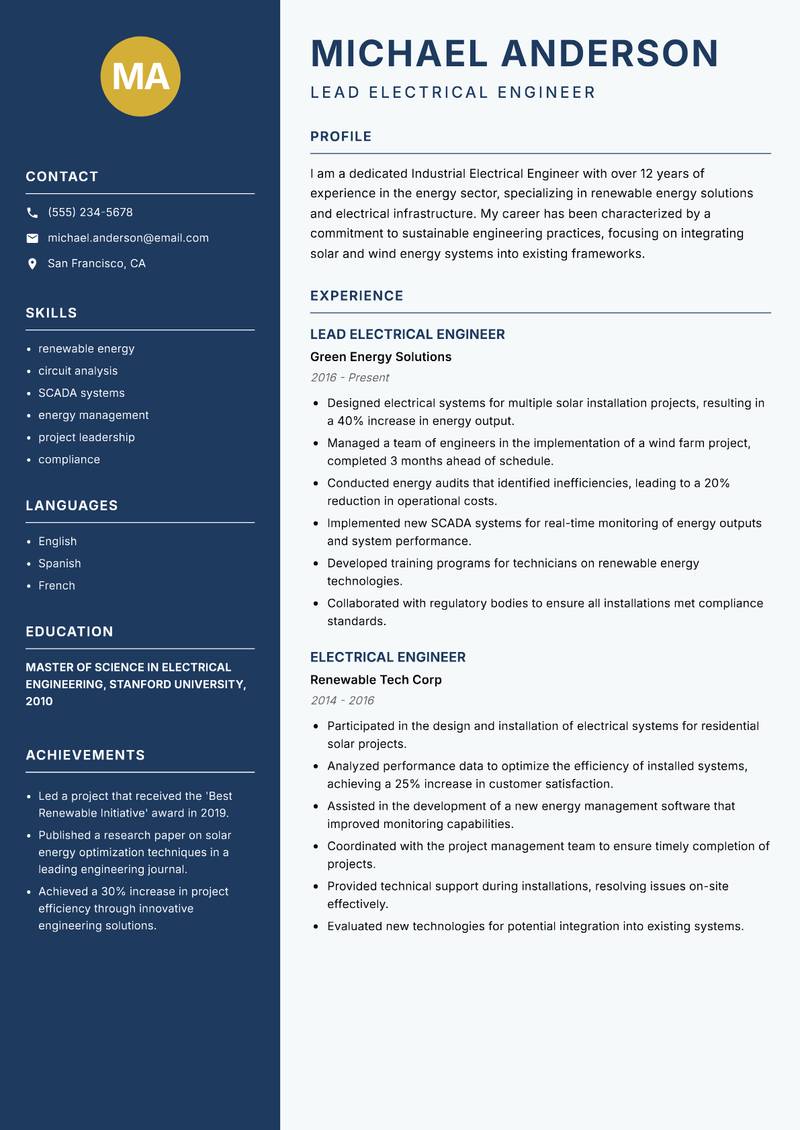 Industrial Electrical Engineer resume template — Classic Clean