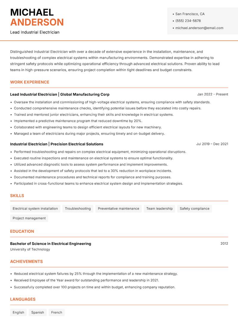 Industrial Electrician resume template — Modern Professional