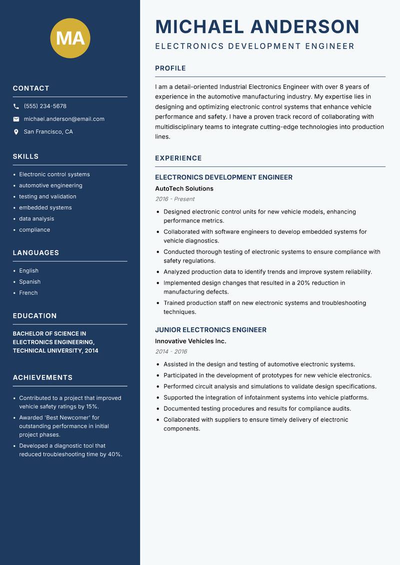 Industrial Electronics Engineer resume template — Classic Clean