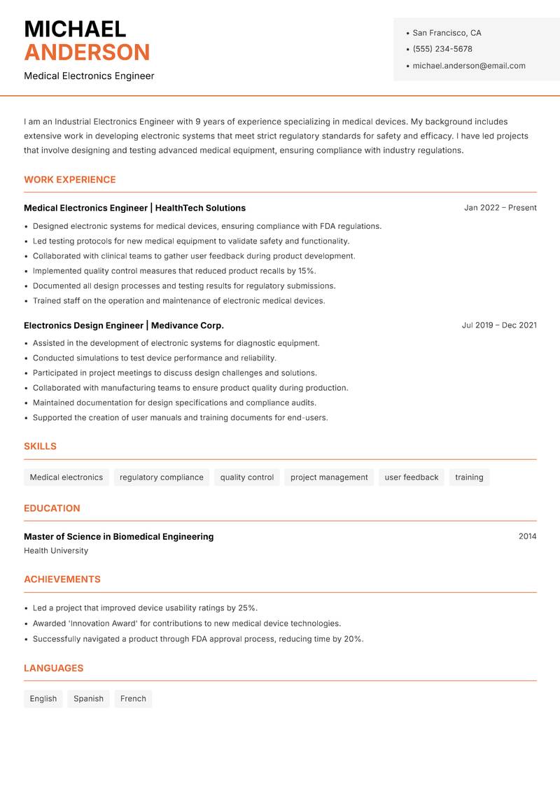 Industrial Electronics Engineer resume template — Modern Professional
