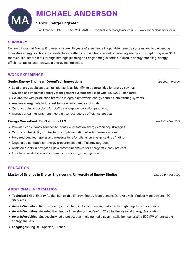 Industrial Energy Engineer resume example — ATS-friendly template