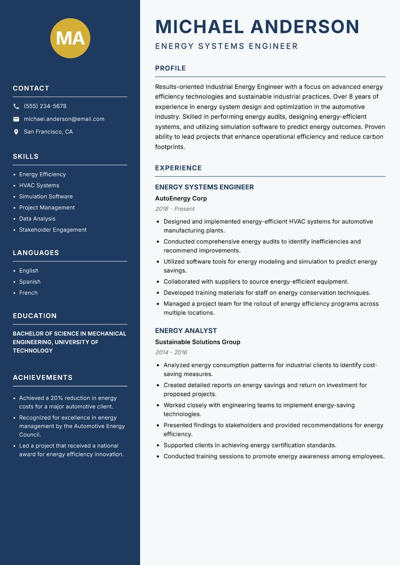 Industrial Energy Engineer resume template — Classic Clean