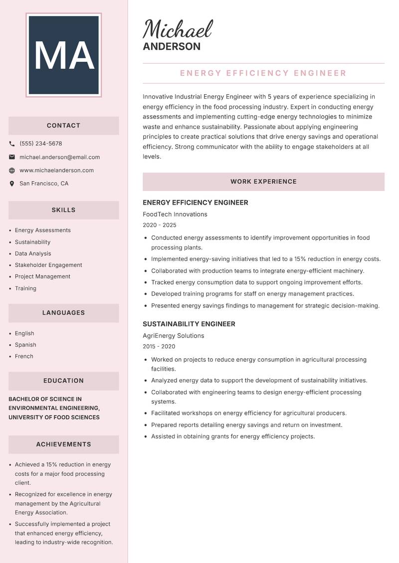 Industrial Energy Engineer resume template — Executive