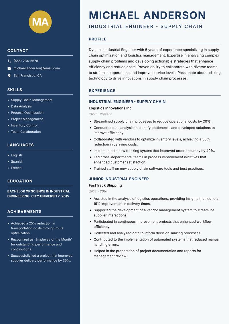 Industrial Engineer resume template — Classic Clean