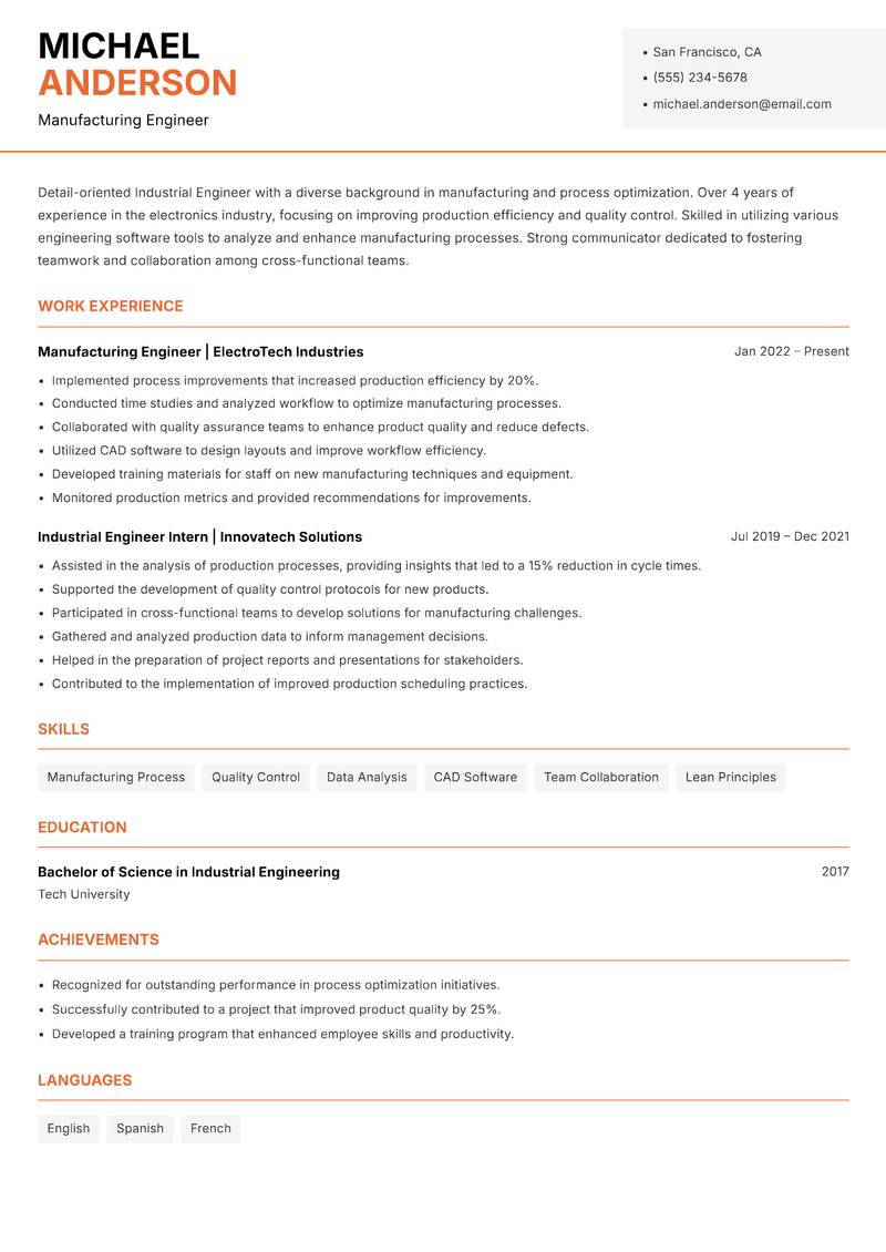 Industrial Engineer resume template — Modern Professional