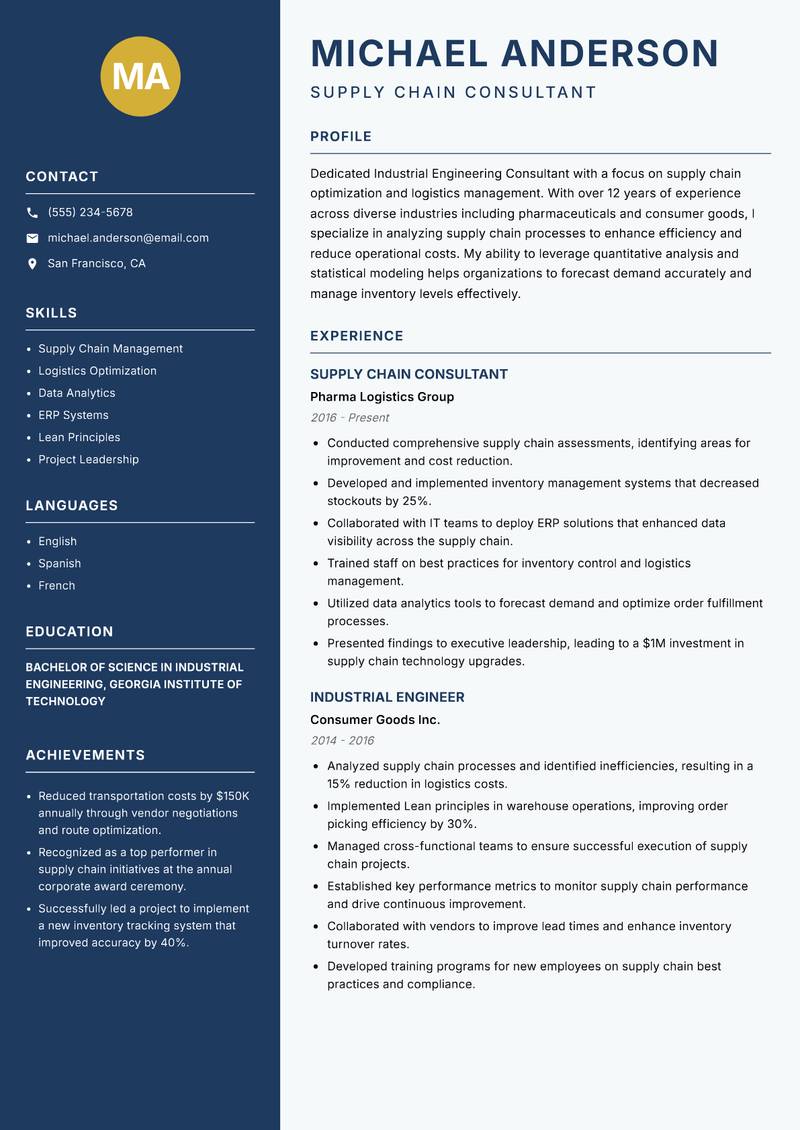 Industrial Engineering Consultant resume template — Classic Clean