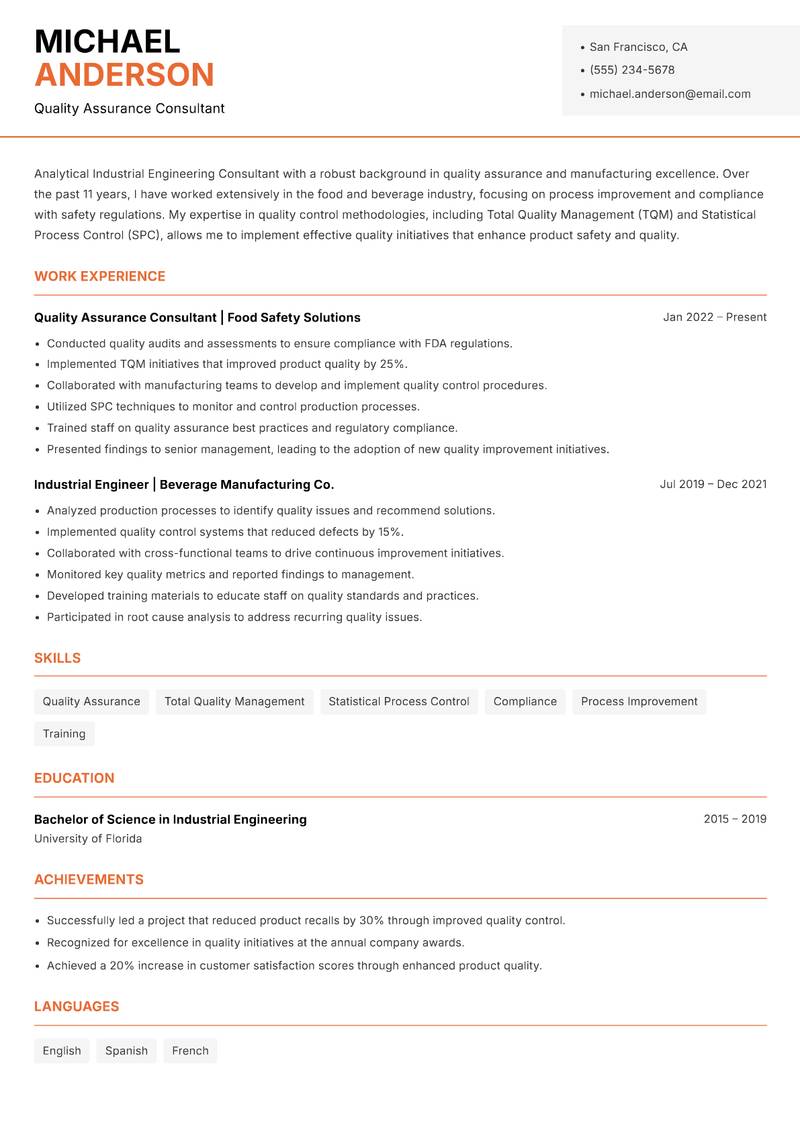 Industrial Engineering Consultant resume template — Modern Professional
