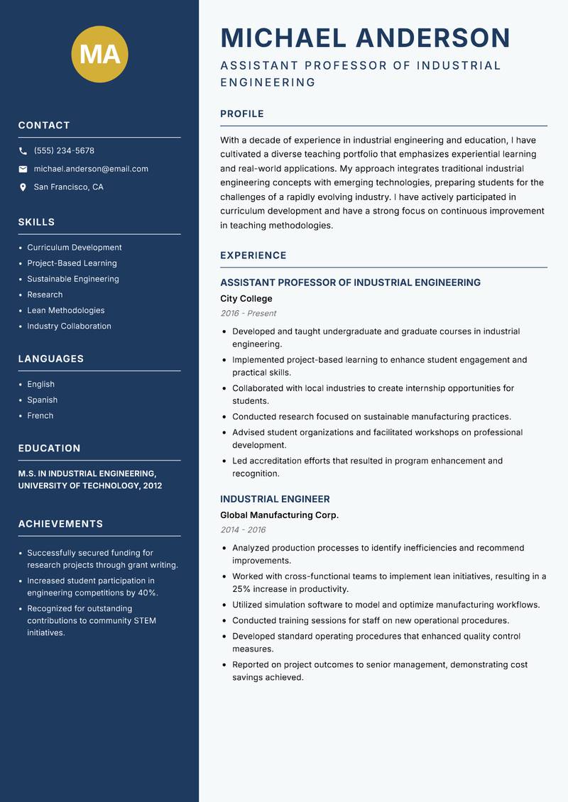 Industrial Engineering Educator resume template — Classic Clean