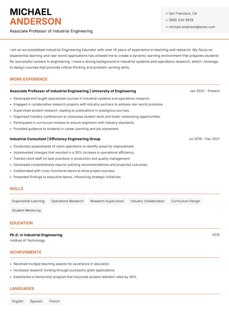 Industrial Engineering Educator resume template — Modern Professional