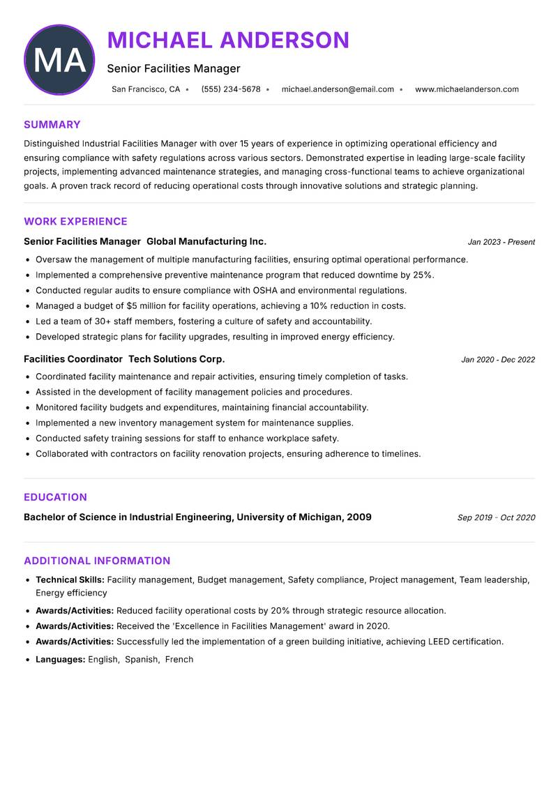 Industrial Facilities Manager resume example — ATS-friendly template