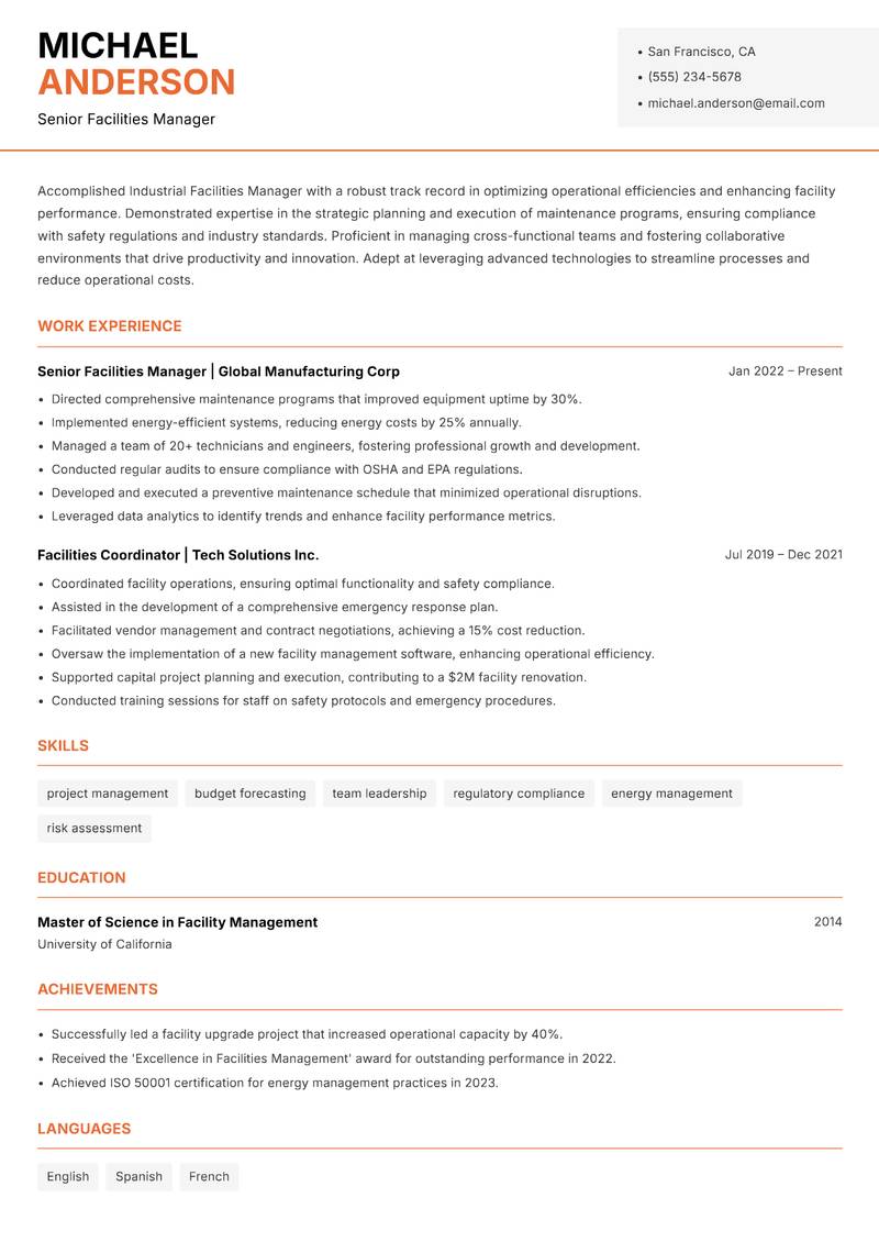 Industrial Facilities Manager resume template — Modern Professional
