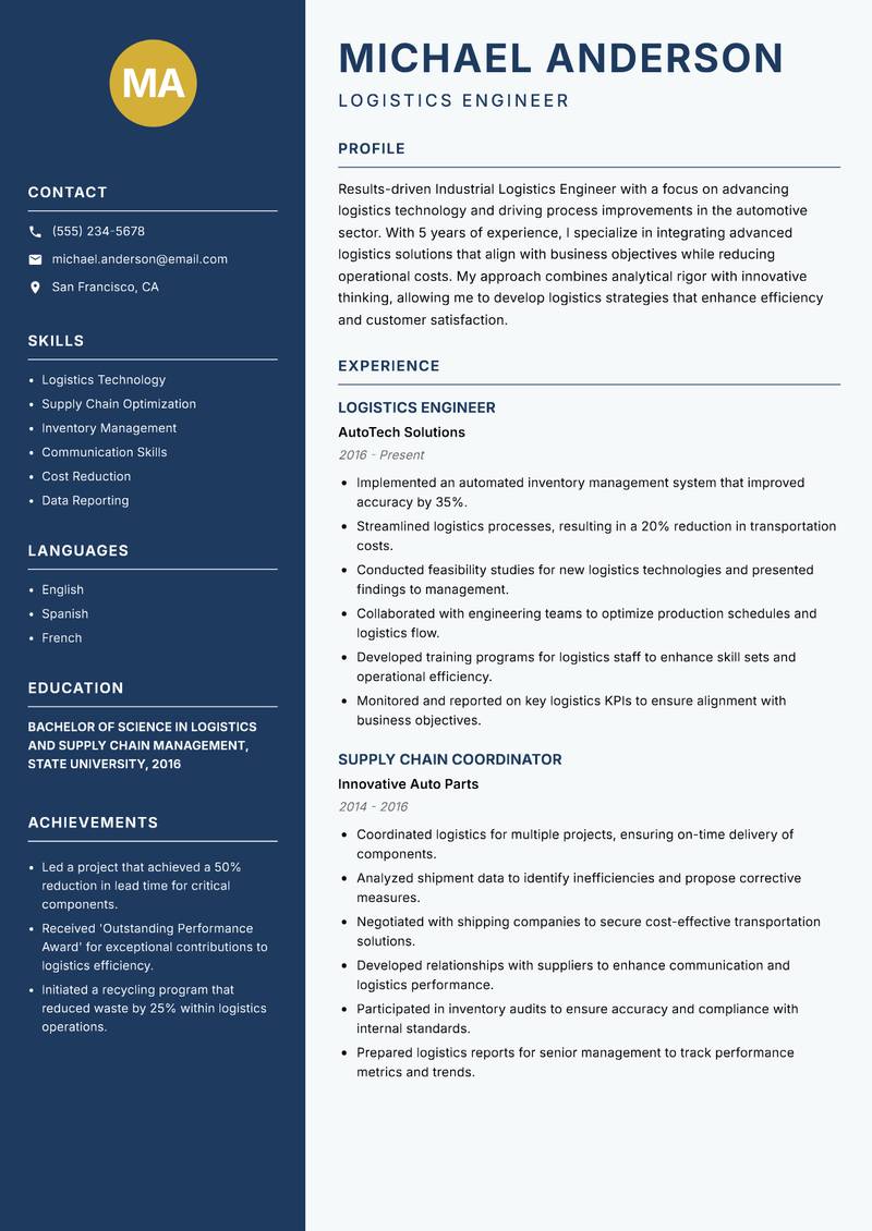 Industrial Logistics Engineer resume template — Classic Clean